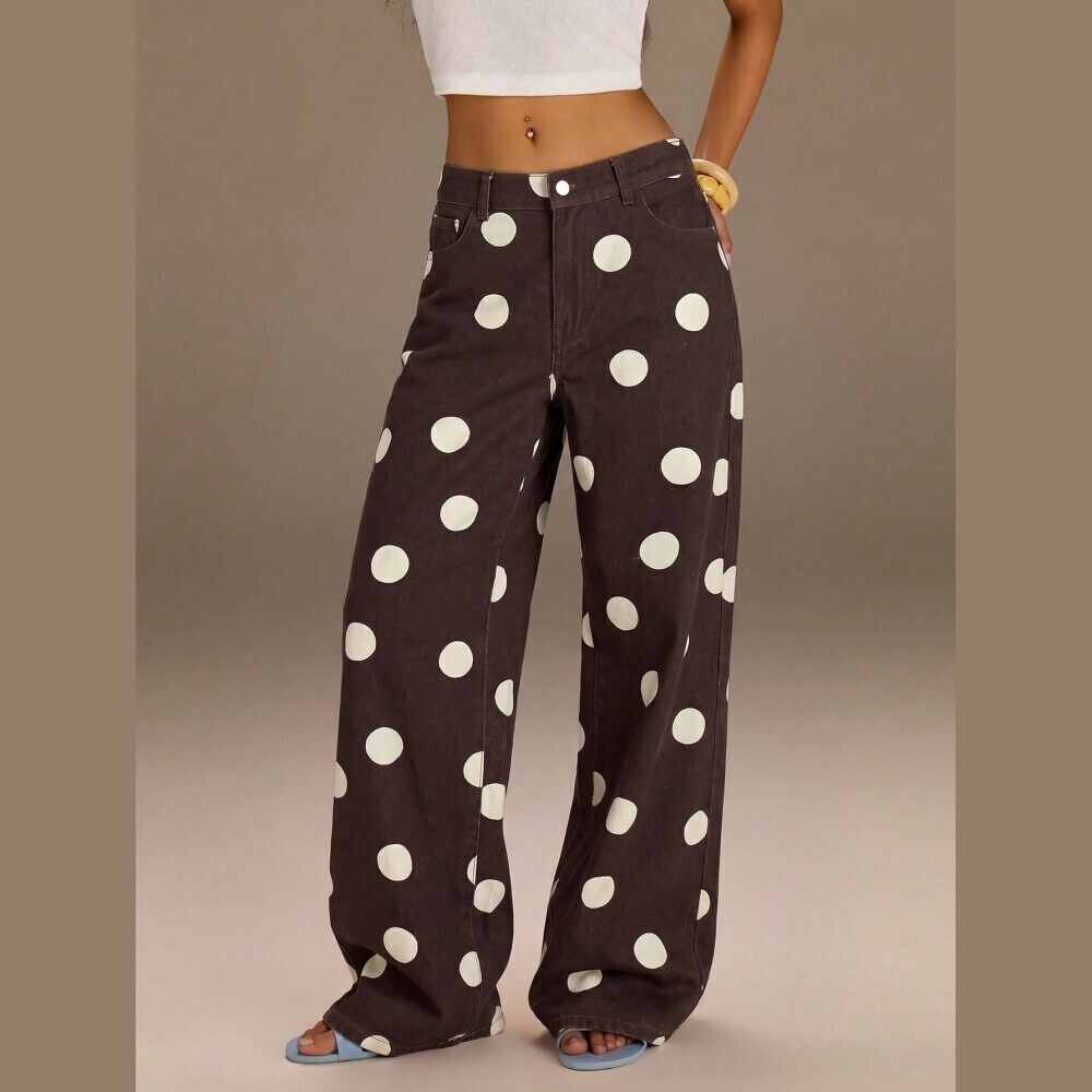 Brown Polka Dot Denim Wide Leg Jeans